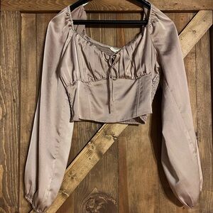 Altar'd State Tan Long Sleeve Crop Blouse with Ruched Tie Front
